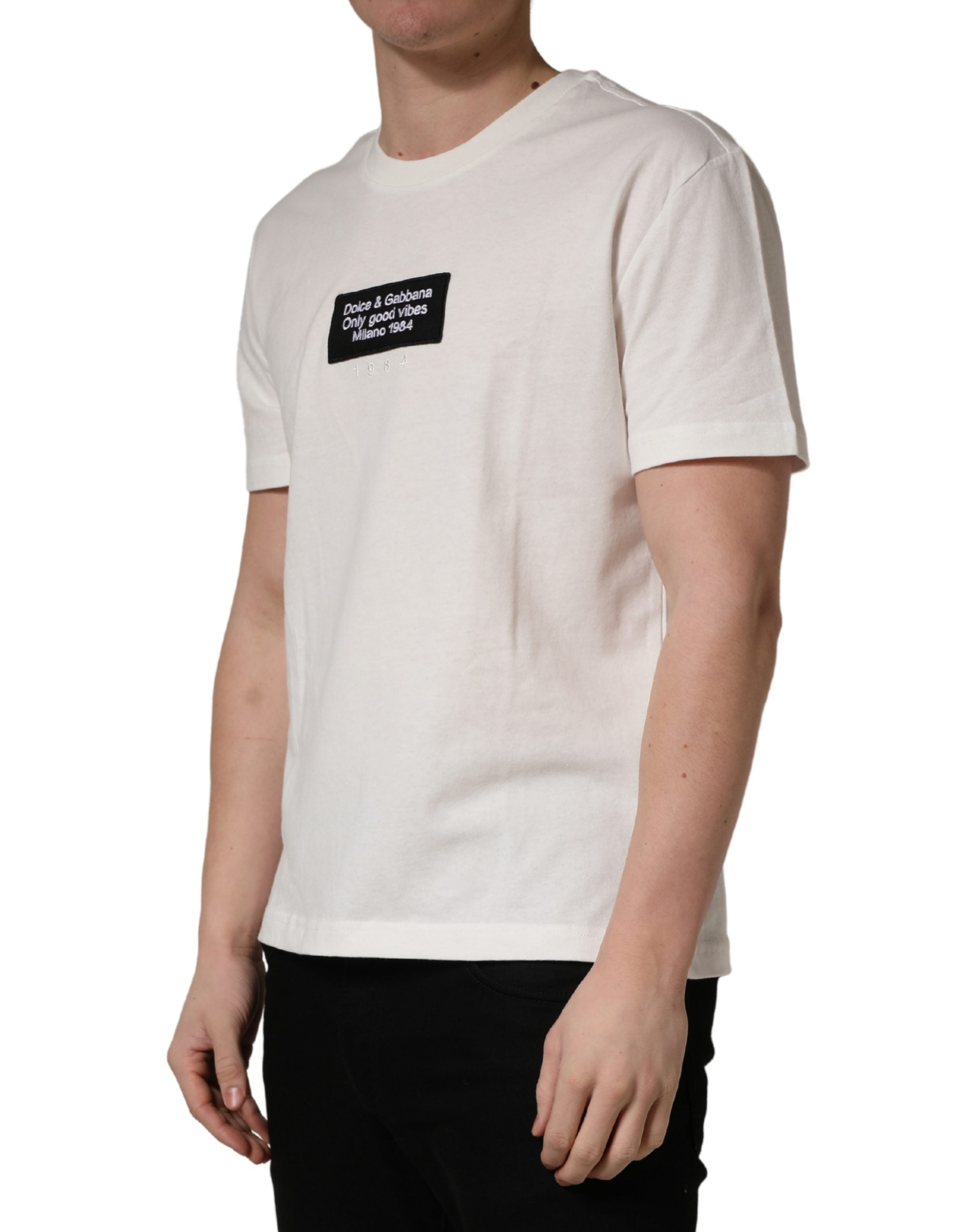 Dolce & Gabbana Weißes Logo-Patch Baumwoll-T-Shirt für Herren mit Rundhalsausschnitt