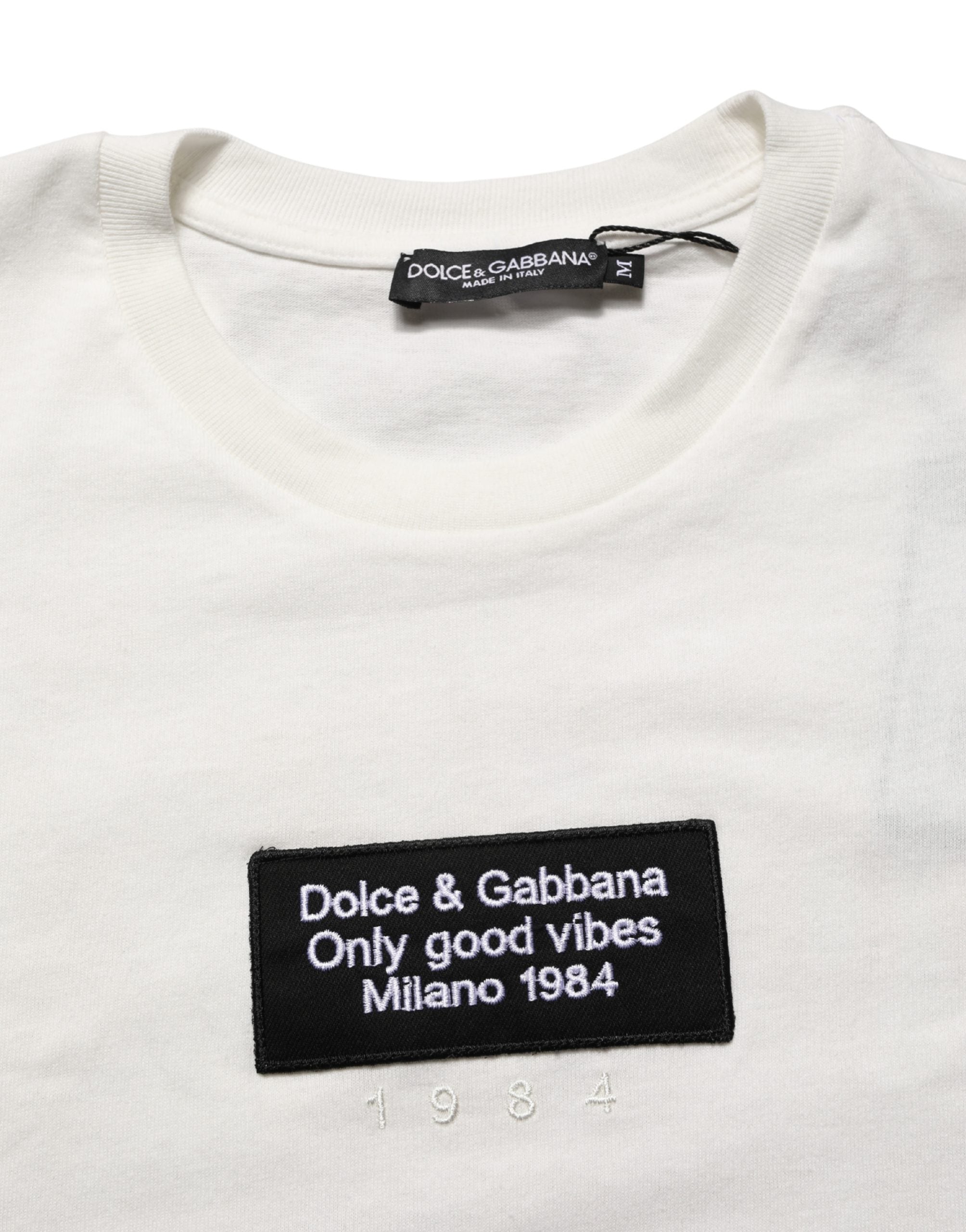 Dolce & Gabbana Weißes Logo-Patch Baumwoll-T-Shirt für Herren mit Rundhalsausschnitt