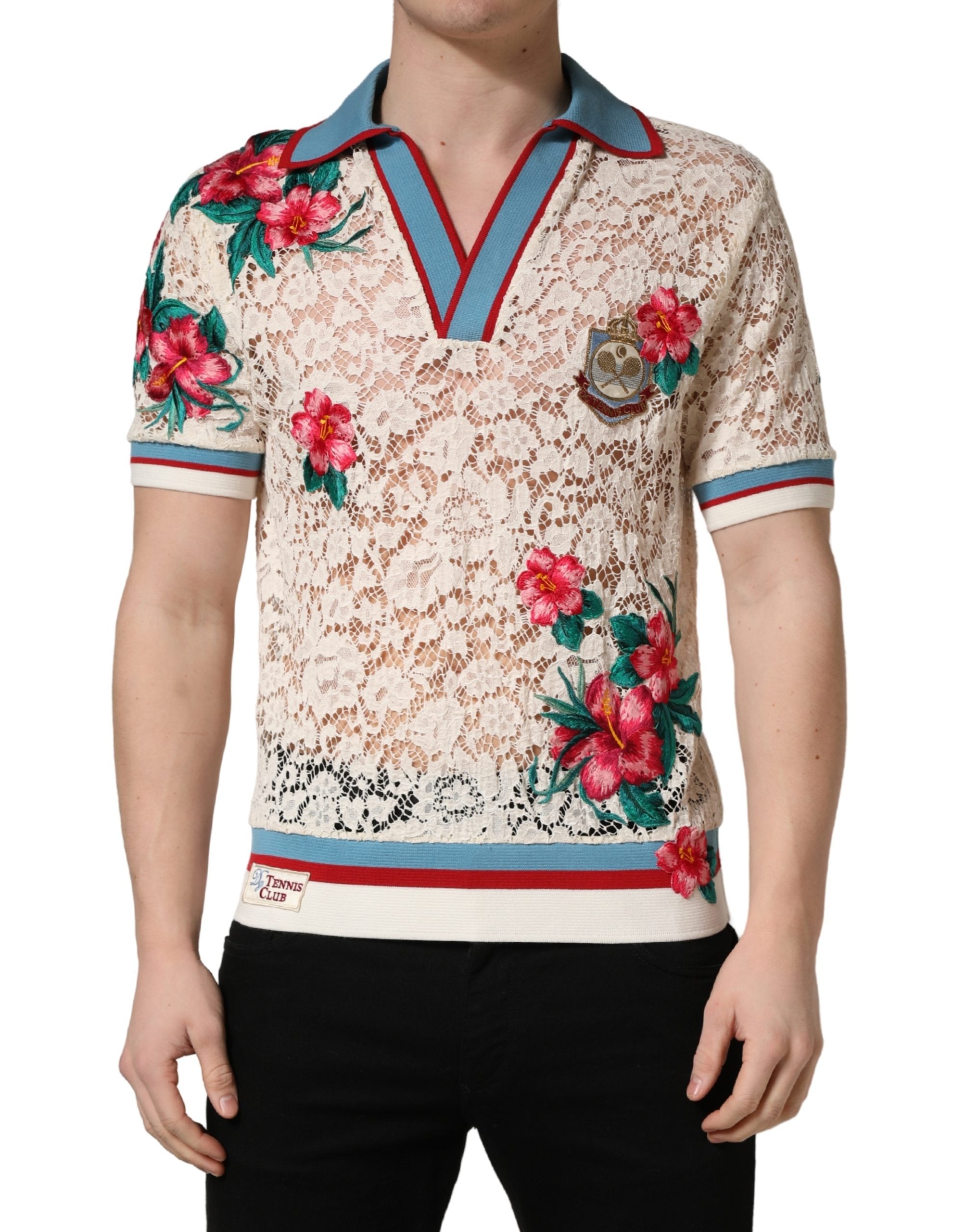 Dolce & Gabbana Beige Florales Tennis Club Spitzenpolo-T-Shirt