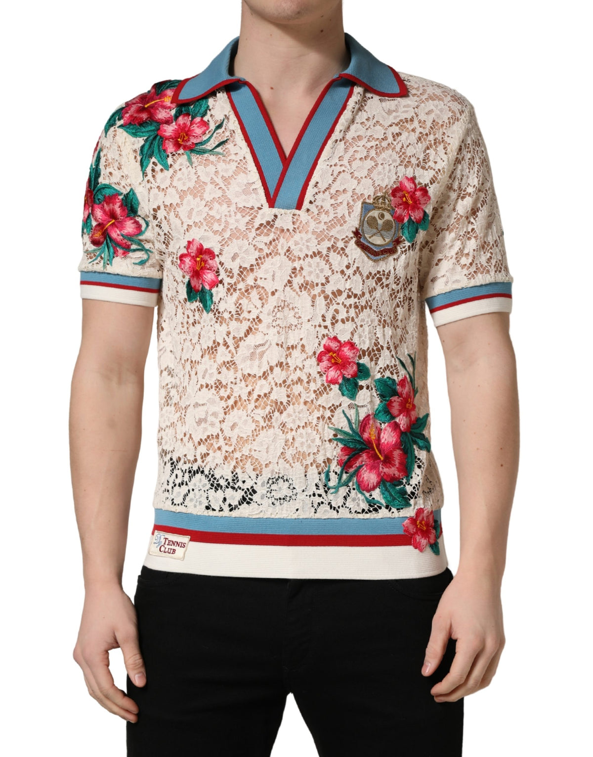 Dolce & Gabbana Beige Florales Tennis Club Spitzenpolo-T-Shirt