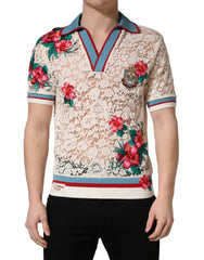 Dolce & Gabbana Beige Florales Tennis Club Spitzenpolo-T-Shirt