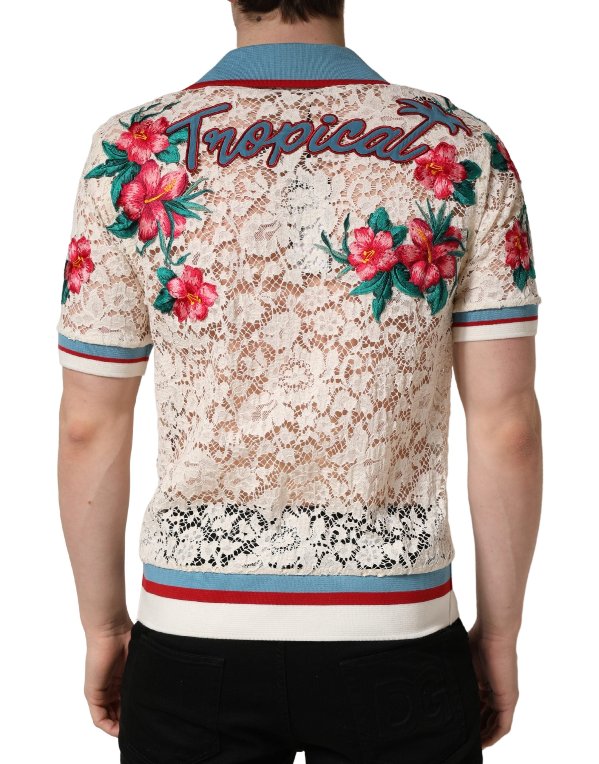 Dolce & Gabbana Beige Florales Tennis Club Spitzenpolo-T-Shirt