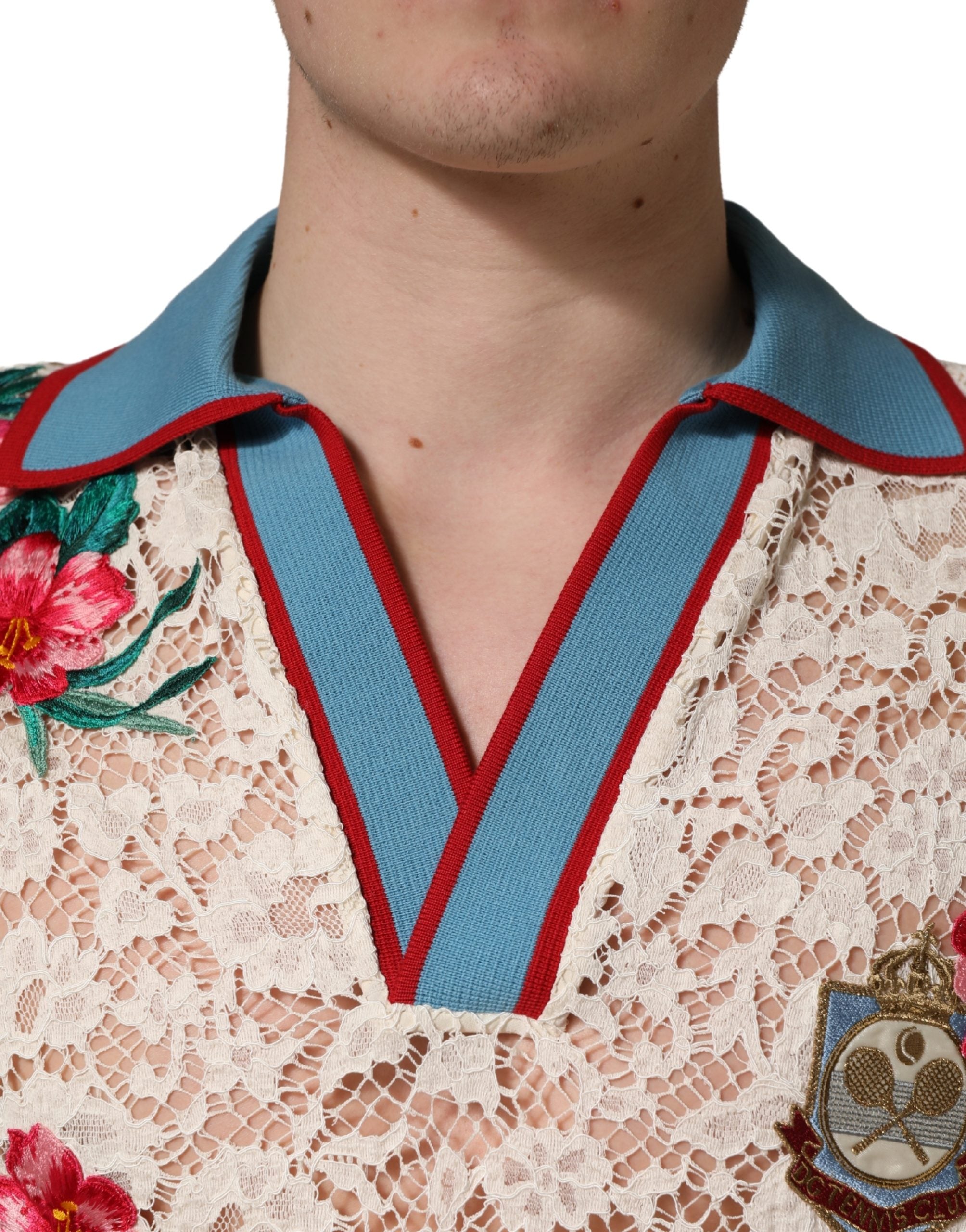 Dolce & Gabbana Beige Florales Tennis Club Spitzenpolo-T-Shirt