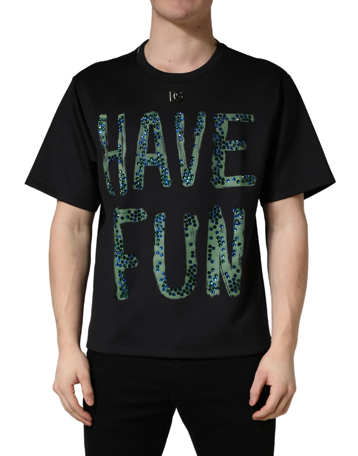 Dolce & Gabbana Schwarzes Have Fun T-Shirt mit Rundhalsausschnitt und Verzierungen