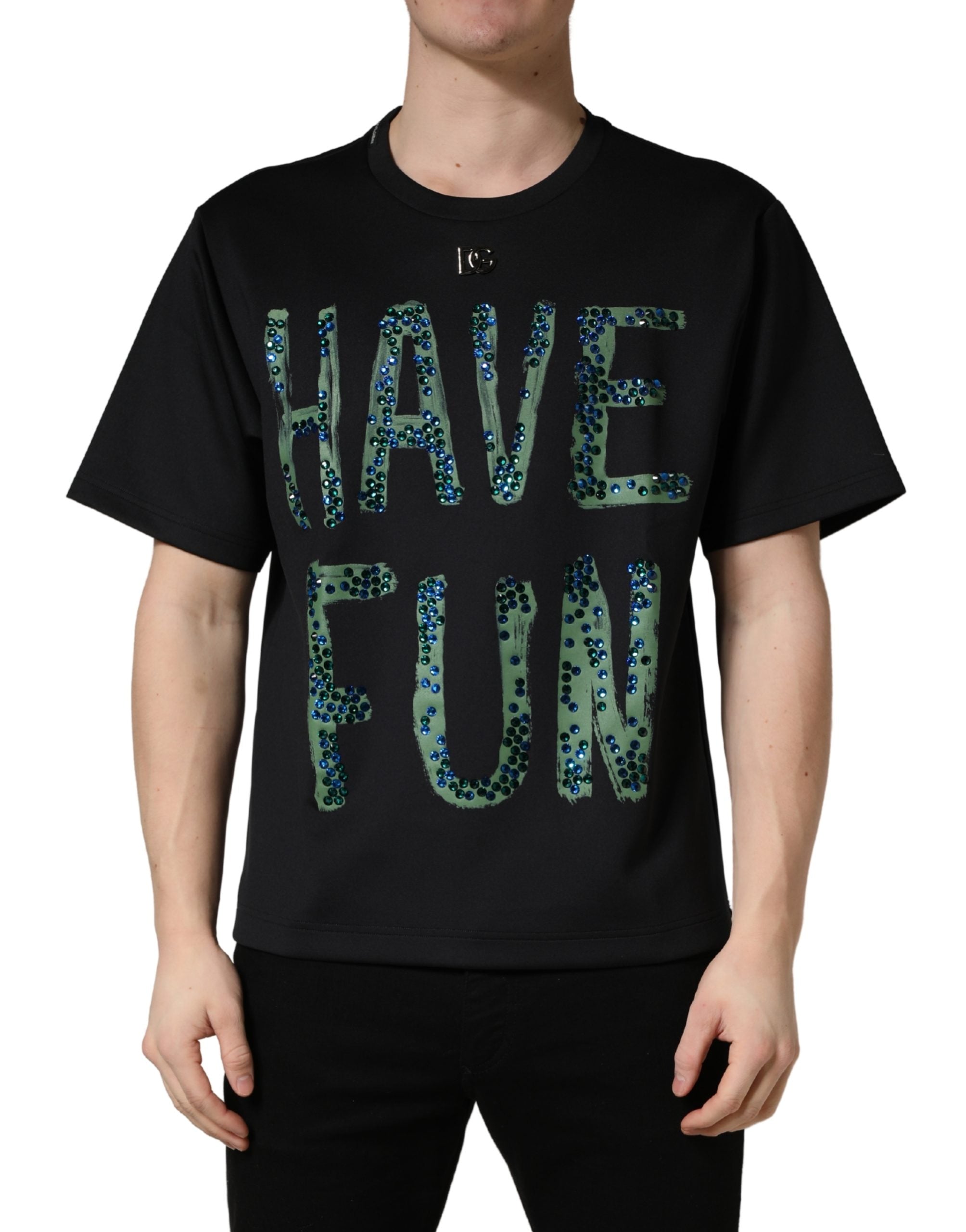 Dolce & Gabbana Schwarzes Have Fun T-Shirt mit Rundhalsausschnitt und Verzierungen