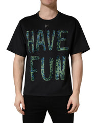 Dolce & Gabbana Schwarzes Have Fun T-Shirt mit Rundhalsausschnitt und Verzierungen