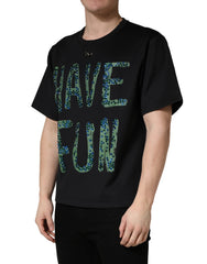 Dolce & Gabbana Schwarzes Have Fun T-Shirt mit Rundhalsausschnitt und Verzierungen