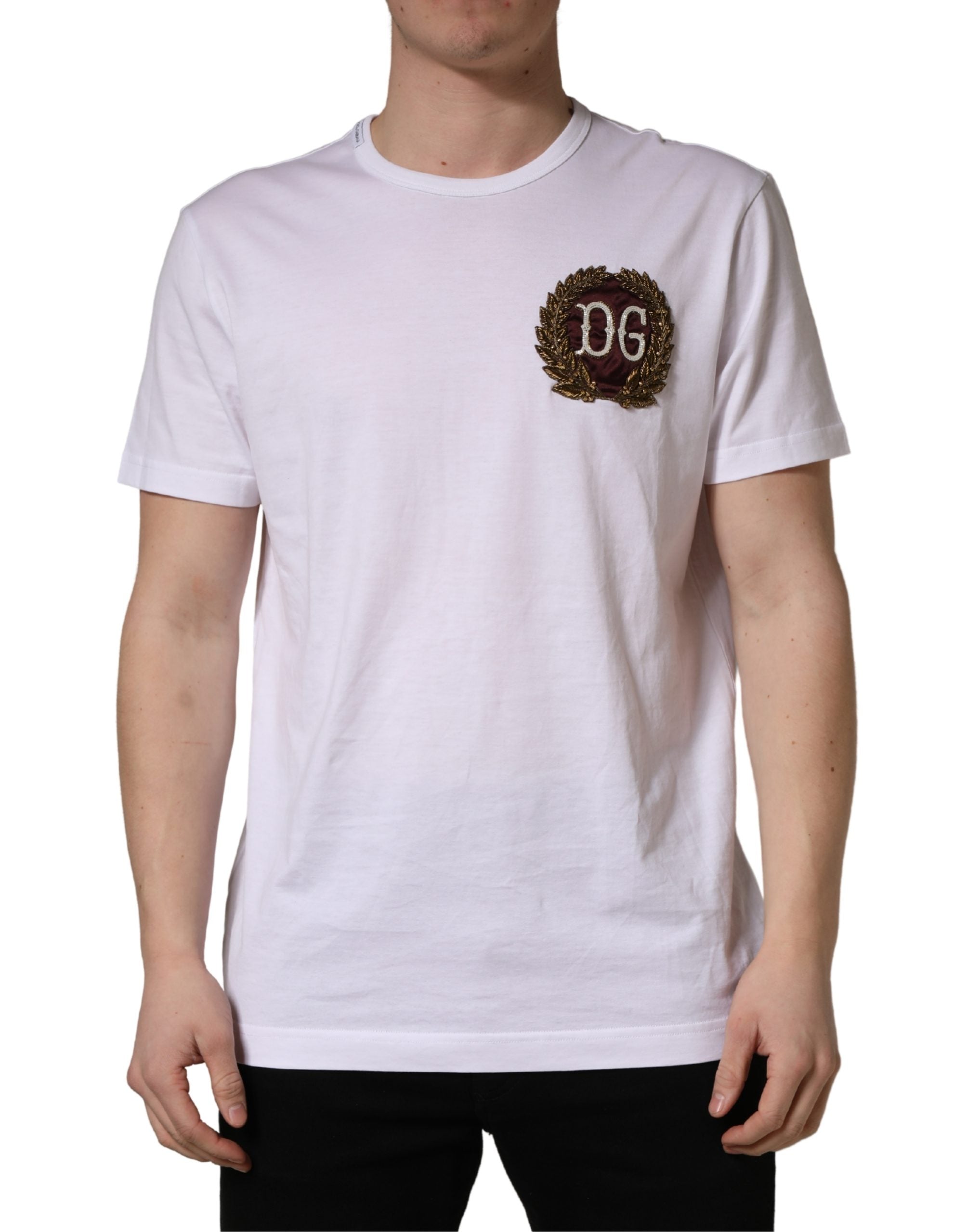 Dolce & Gabbana Weißes T-Shirt mit DG-Blattstickerei und Rundhalsausschnitt