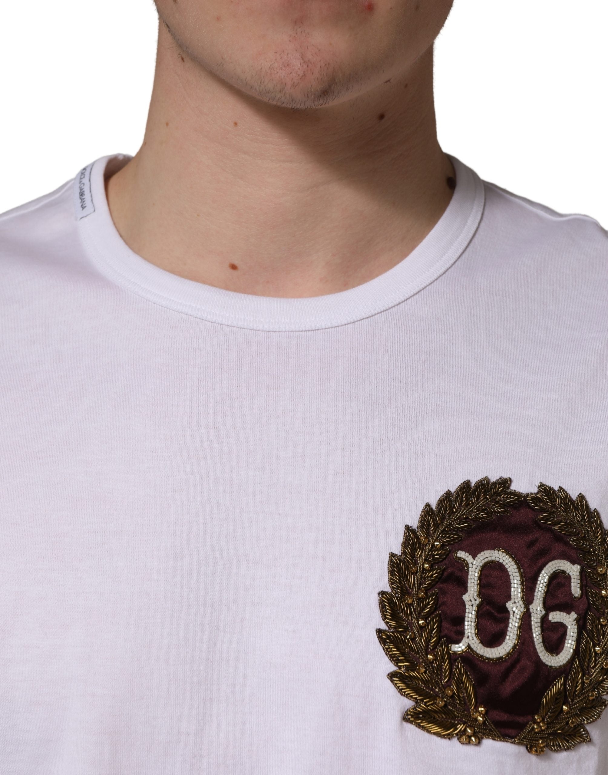 Dolce & Gabbana Weißes T-Shirt mit DG-Blattstickerei und Rundhalsausschnitt