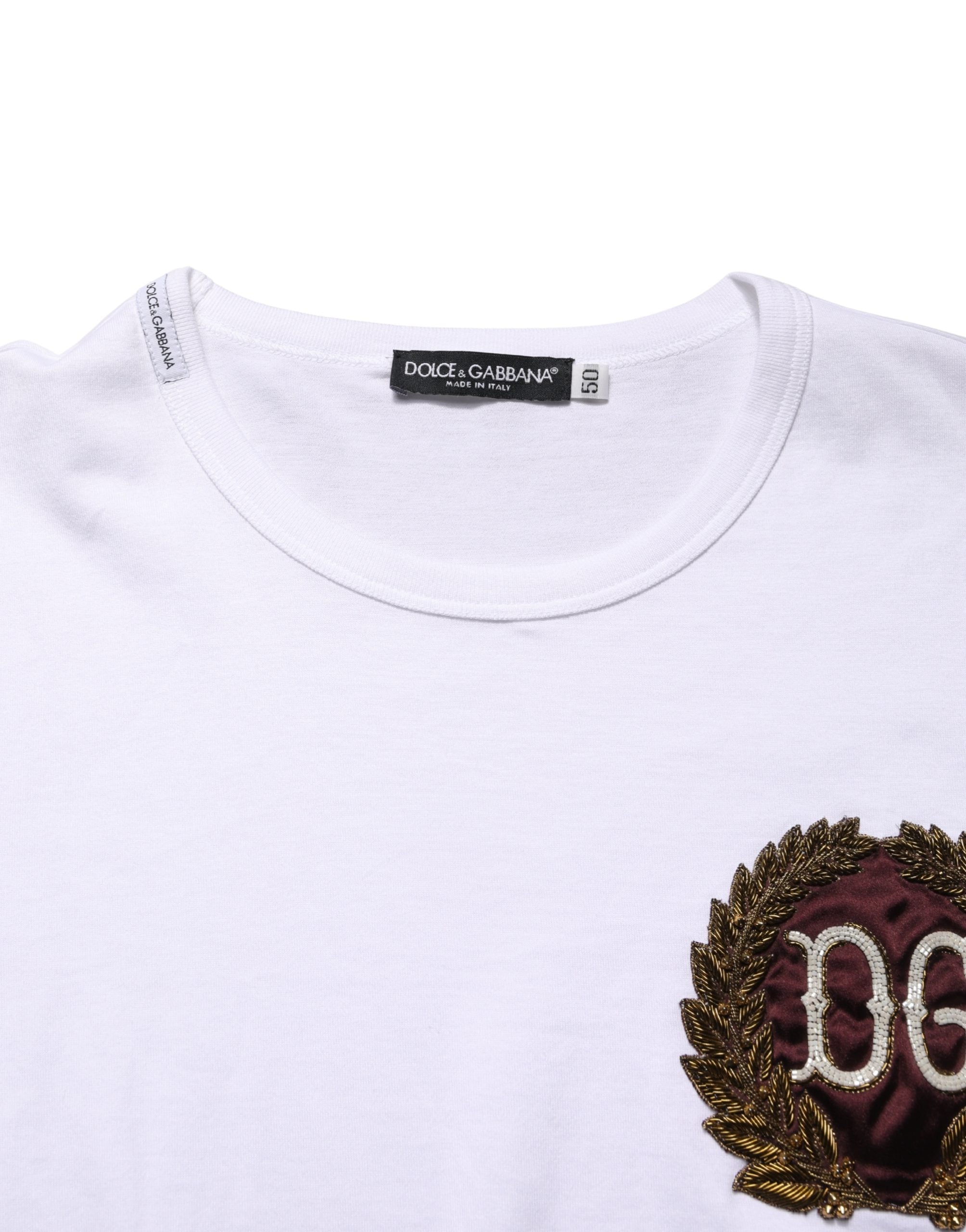 Dolce & Gabbana Weißes T-Shirt mit DG-Blattstickerei und Rundhalsausschnitt