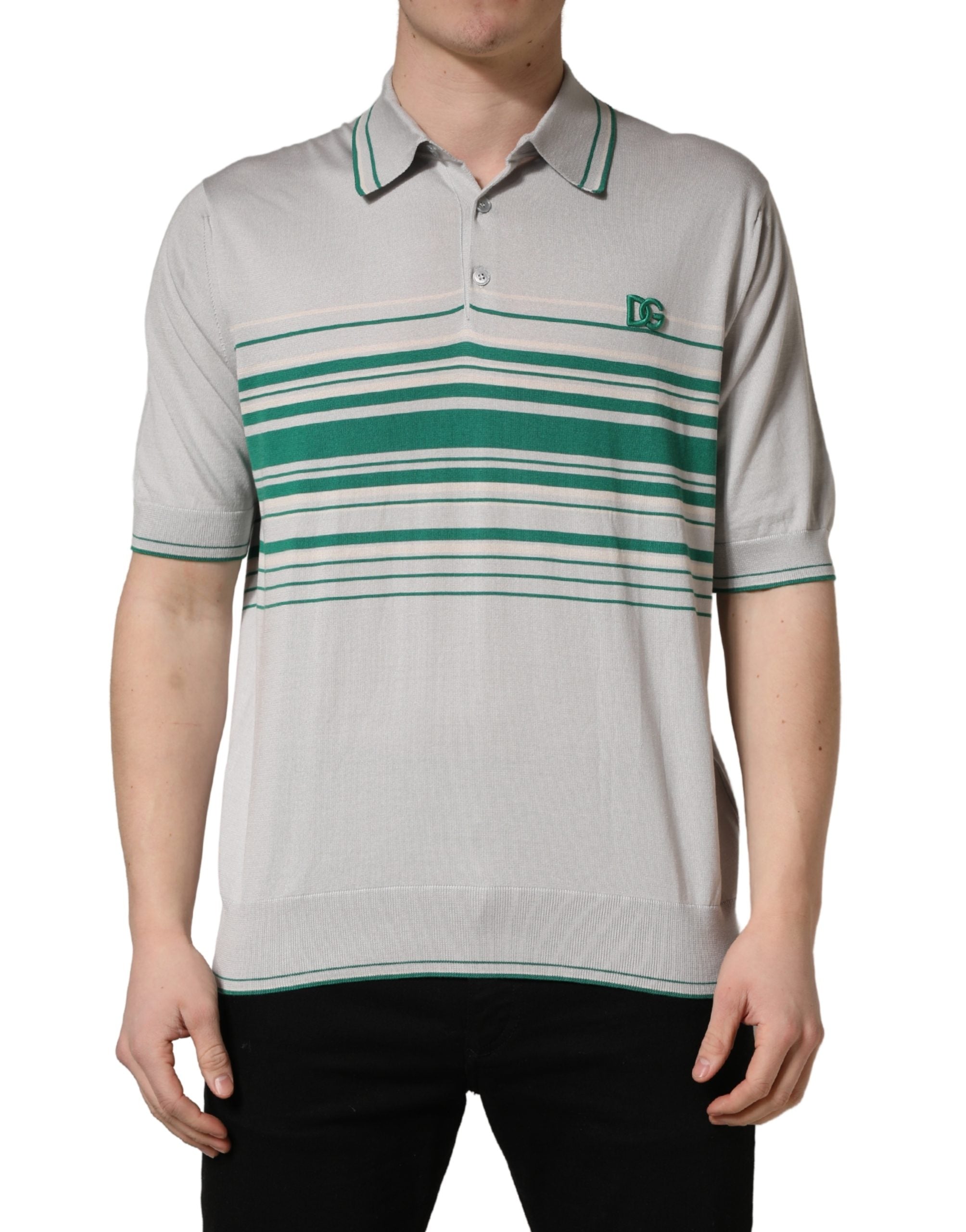 Dolce & Gabbana Grau Grün Gestreiftes Logo Seiden Polo-T-Shirt