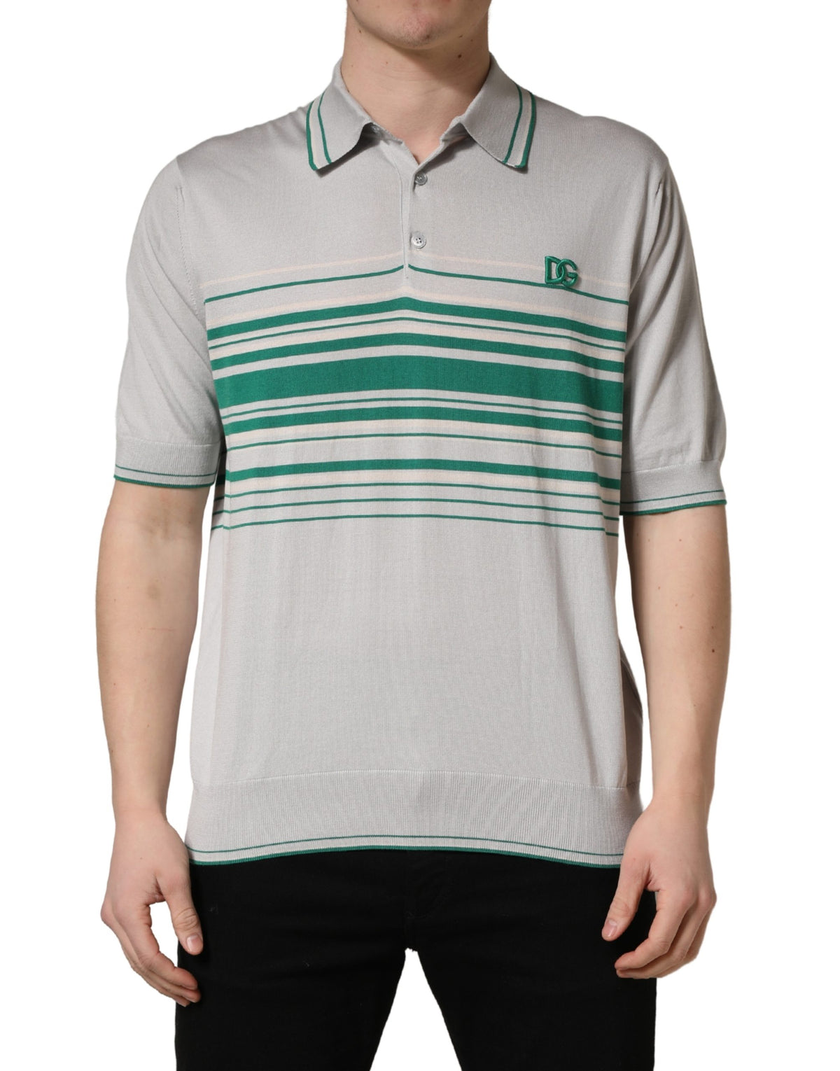 Dolce & Gabbana Grau Grün Gestreiftes Logo Seiden Polo-T-Shirt