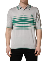 Dolce & Gabbana Grau Grün Gestreiftes Logo Seiden Polo-T-Shirt
