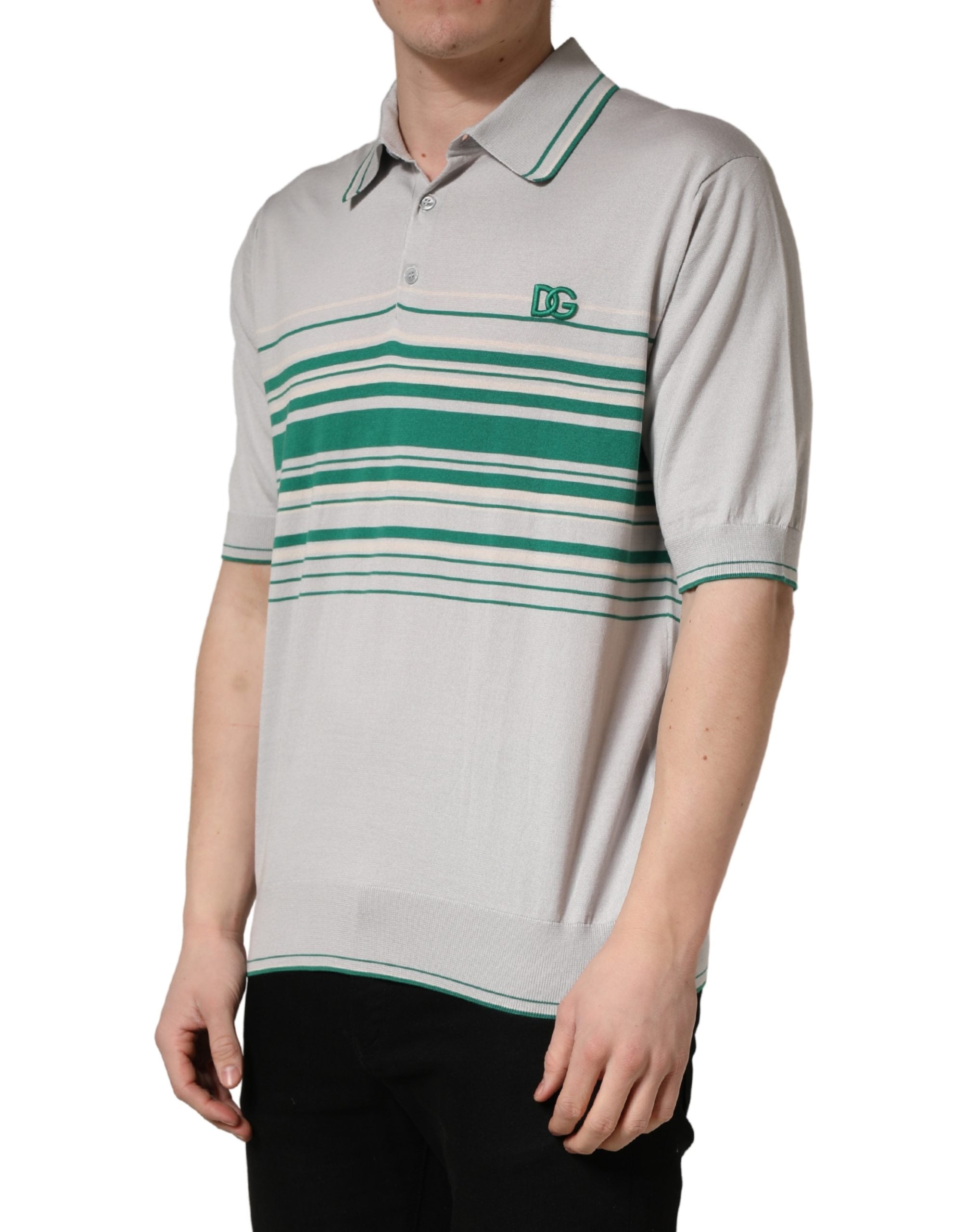 Dolce & Gabbana Grau Grün Gestreiftes Logo Seiden Polo-T-Shirt