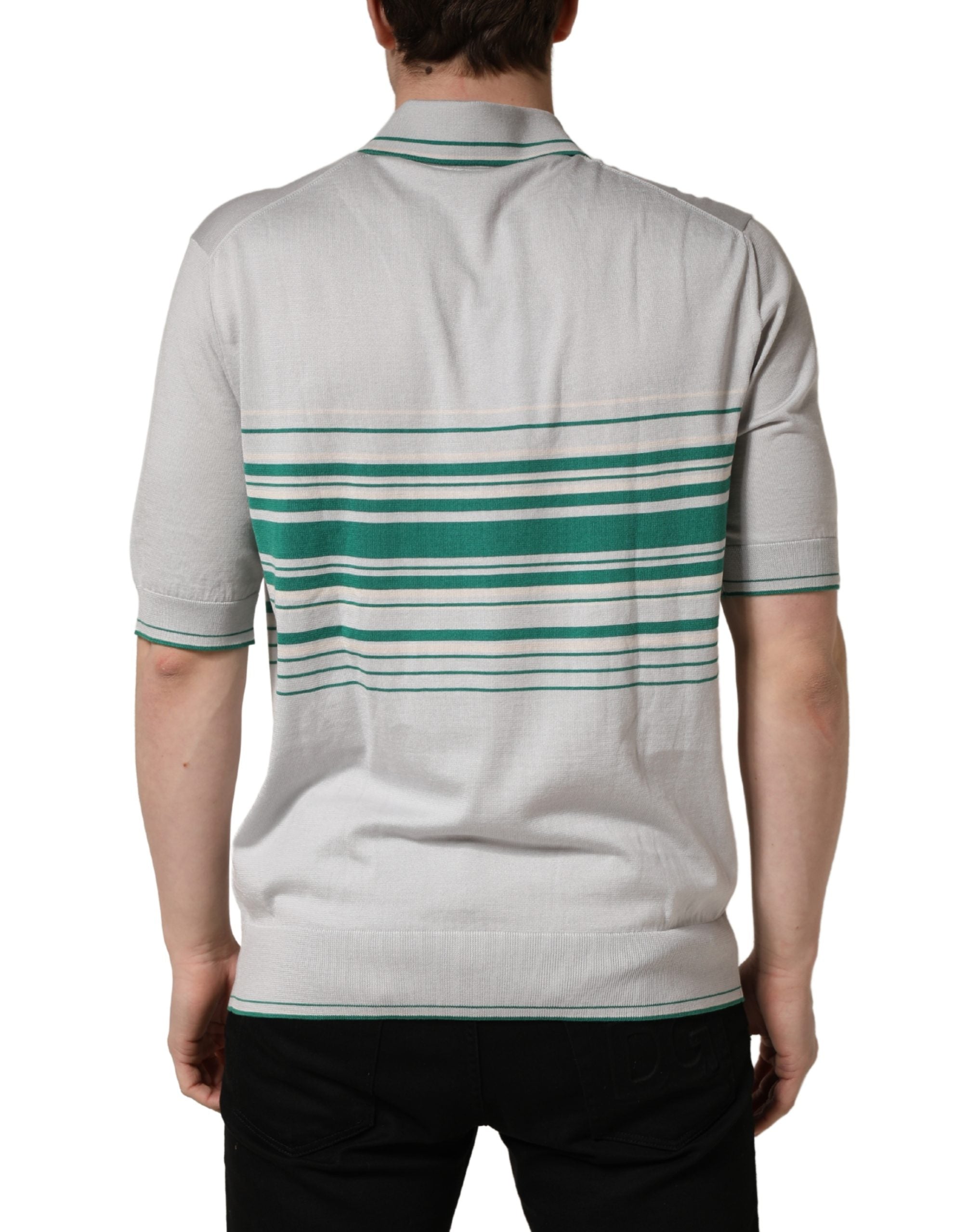 Dolce & Gabbana Grau Grün Gestreiftes Logo Seiden Polo-T-Shirt