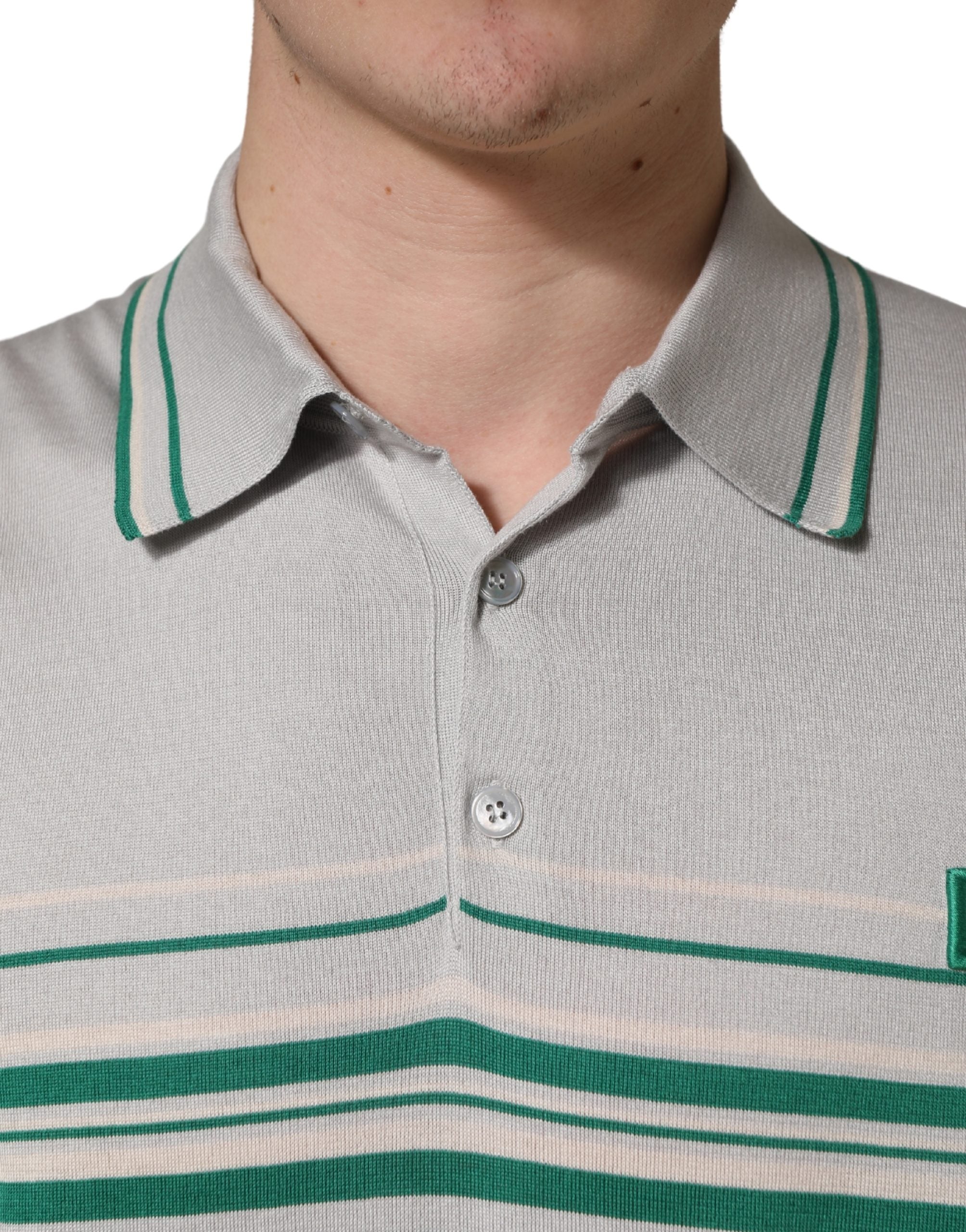 Dolce & Gabbana Grau Grün Gestreiftes Logo Seiden Polo-T-Shirt