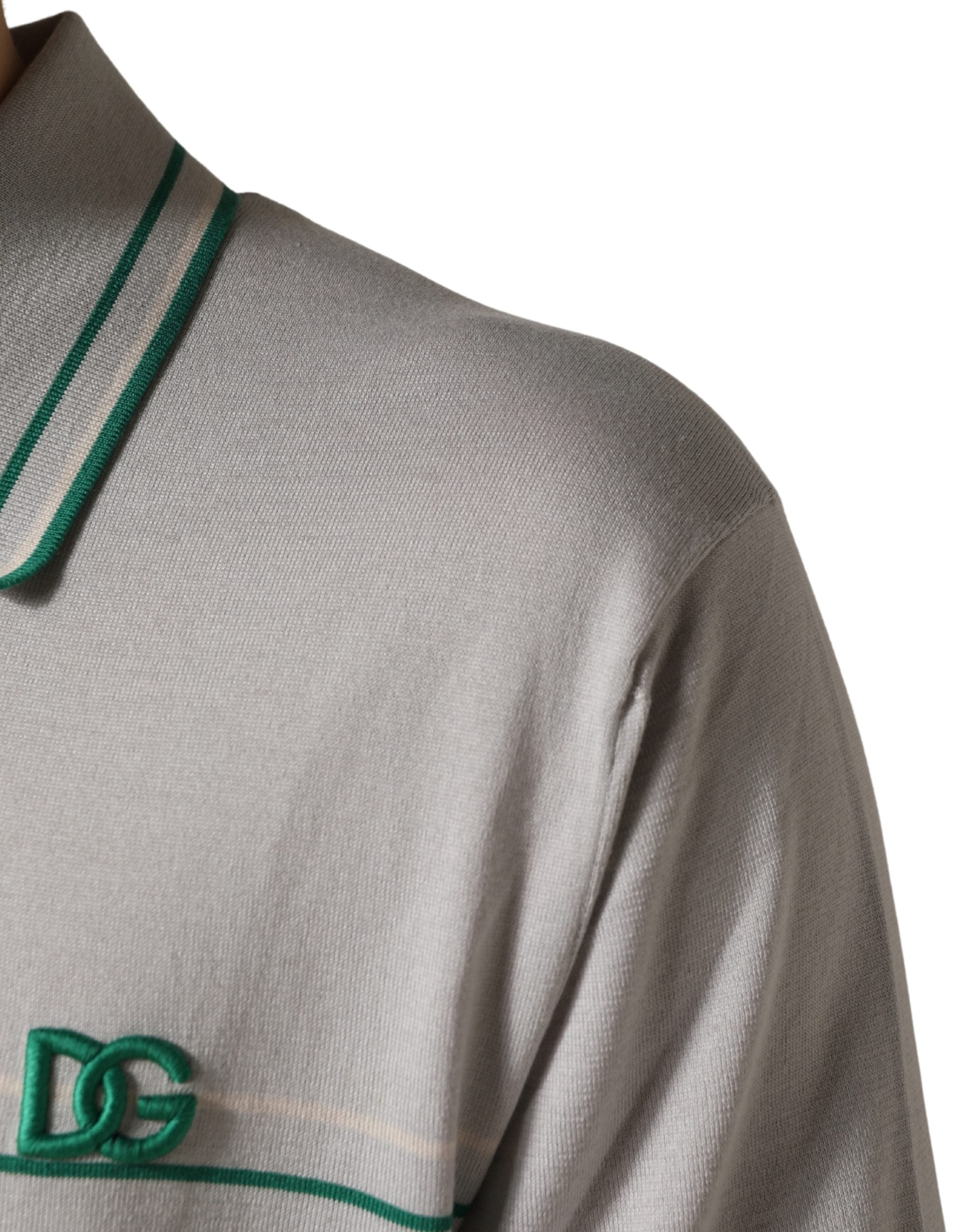 Dolce & Gabbana Grau Grün Gestreiftes Logo Seiden Polo-T-Shirt