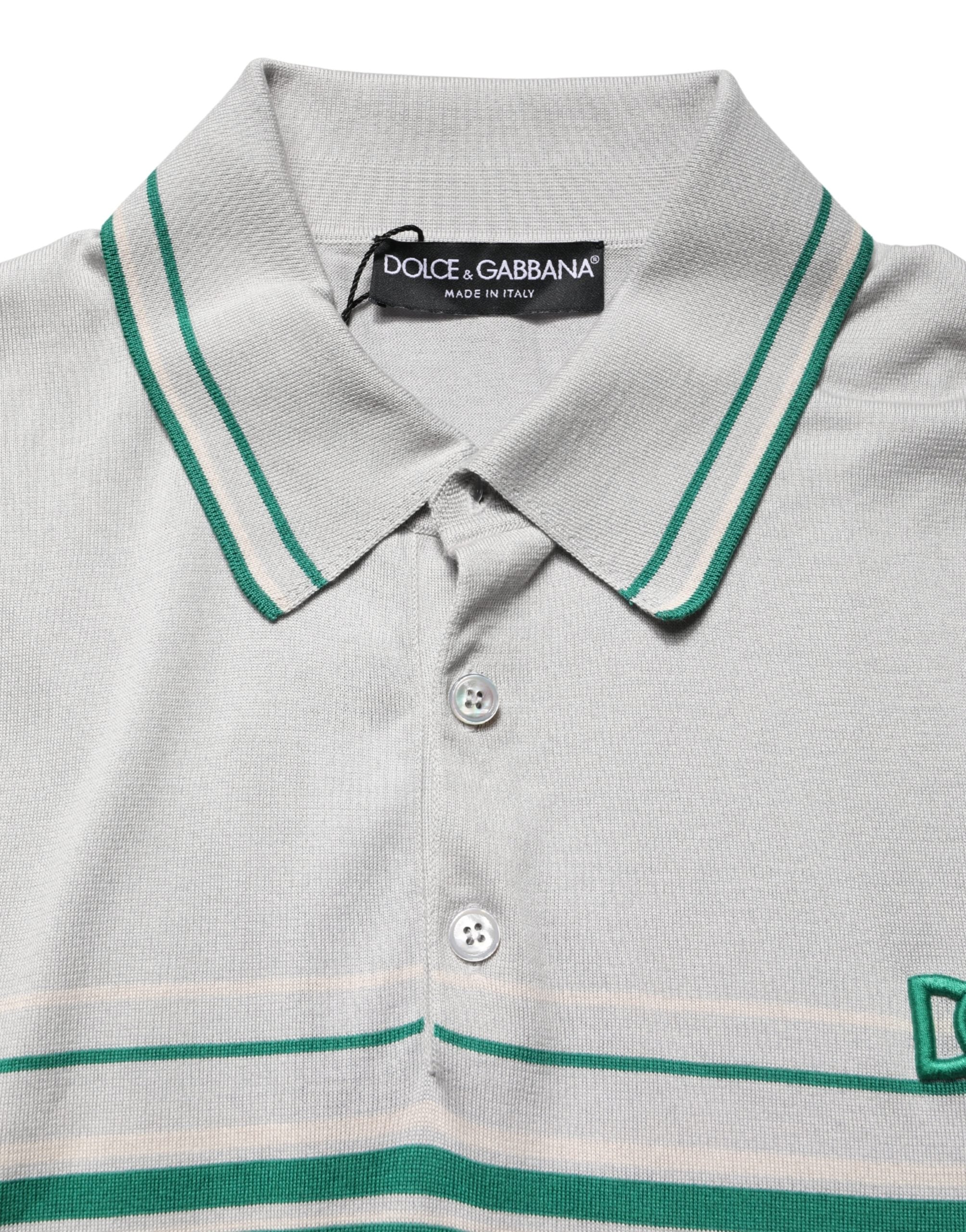 Dolce & Gabbana Grau Grün Gestreiftes Logo Seiden Polo-T-Shirt