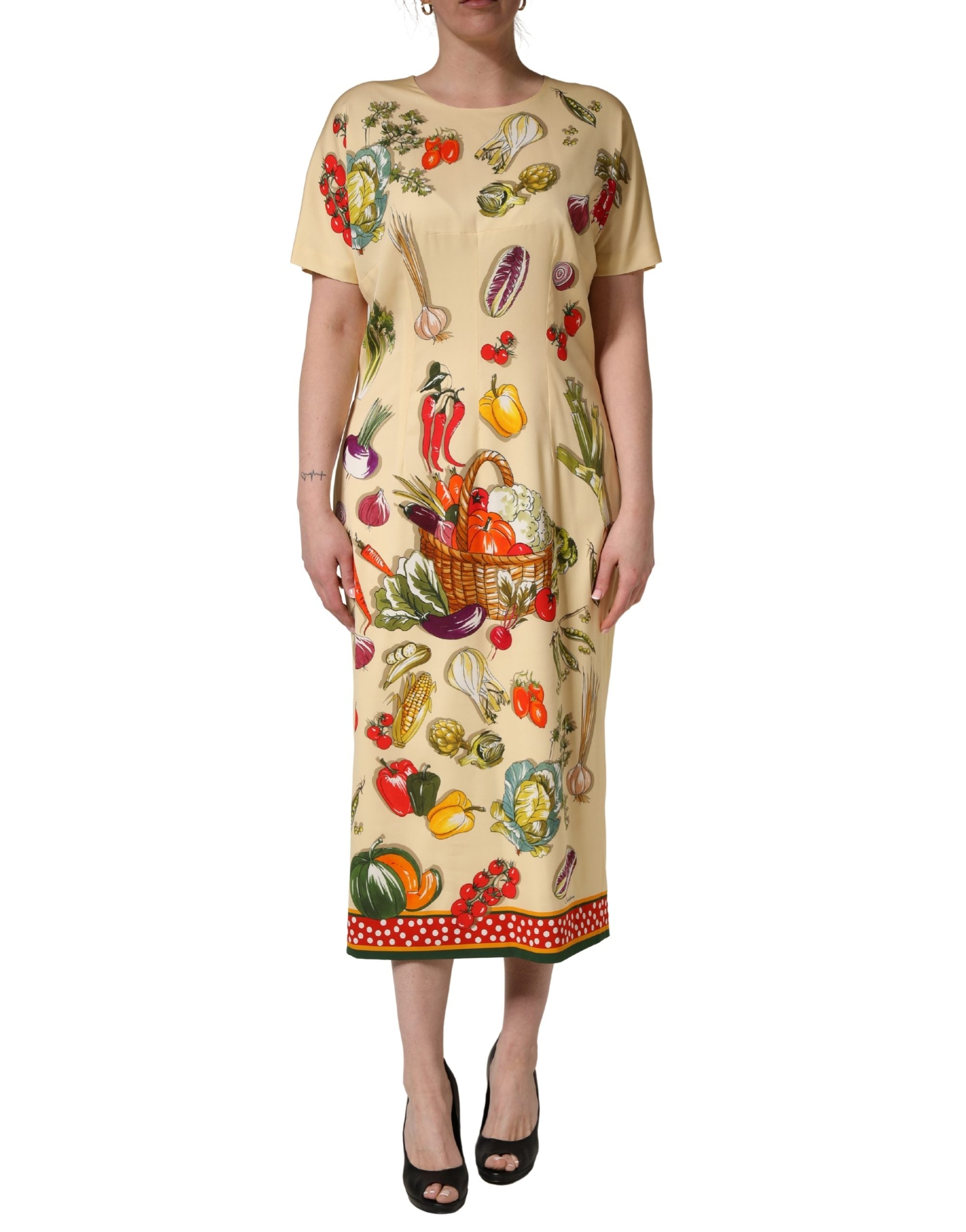 Dolce & Gabbana beiges Etui-Seidenmidikleid mit Frucht-Tupfenmuster