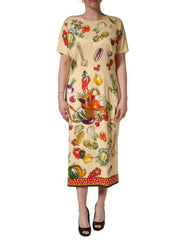 Dolce & Gabbana beiges Etui-Seidenmidikleid mit Frucht-Tupfenmuster