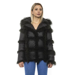 Mr&Mrs Italy Schwarze Poly-Jacke mit Lammfellkapuze für Damen