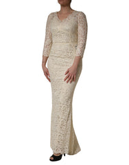 Dolce & Gabbana Off White Floral Lace Sheath Maxi Dress