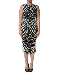 Dolce & Gabbana Schwarz-weißes Zebra-Cady-Kleid Wadenlang