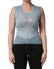 Dolce & Gabbana Blue Semi Sheer Ribbed Sleeveless Tank Top