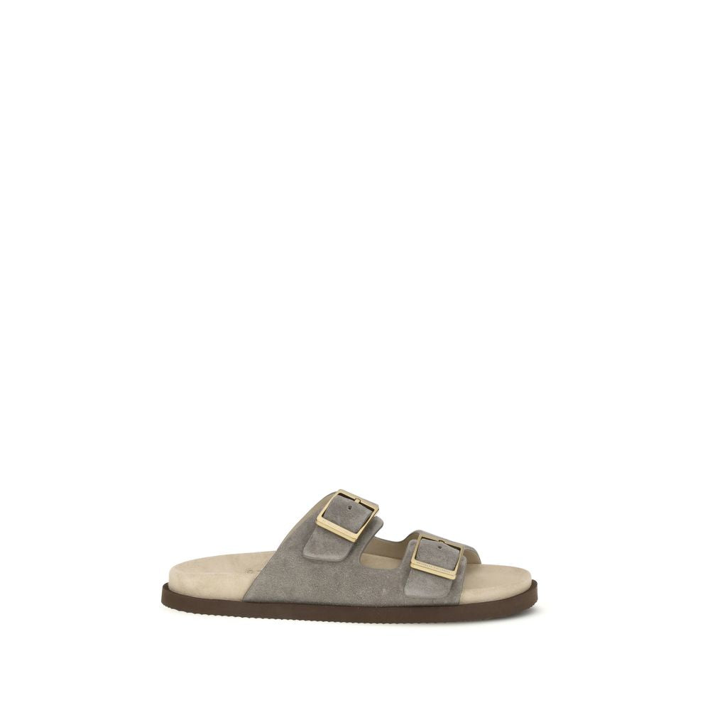 Brunello Cucinelli Grijze Kalfsleren Bos Taurus Platte Sandalen