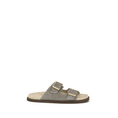 Brunello Cucinelli Grijze Kalfsleren Bos Taurus Platte Sandalen