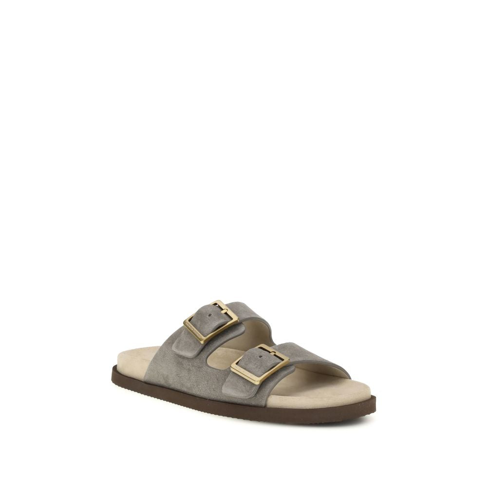 Brunello Cucinelli Grijze Kalfsleren Bos Taurus Platte Sandalen