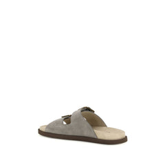 Brunello Cucinelli Grijze Kalfsleren Bos Taurus Platte Sandalen