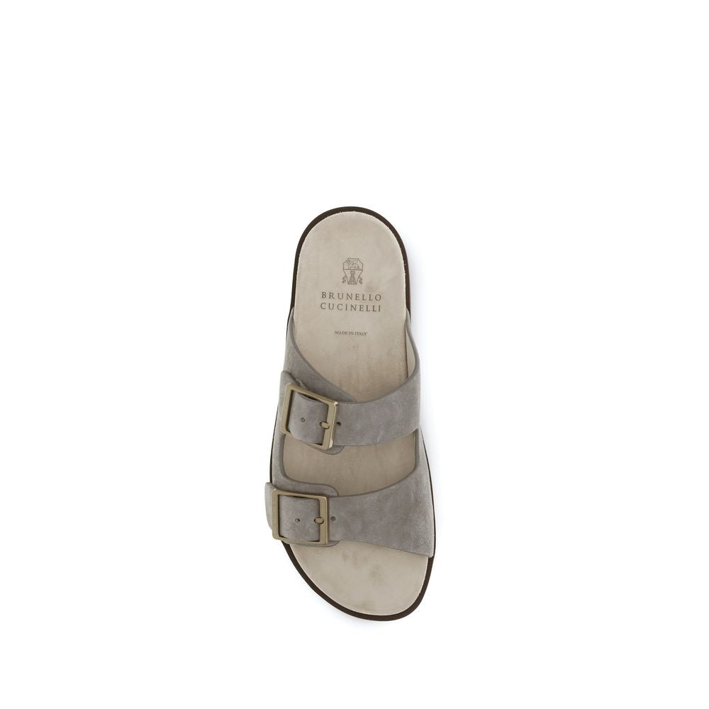 Brunello Cucinelli Grijze Kalfsleren Bos Taurus Platte Sandalen