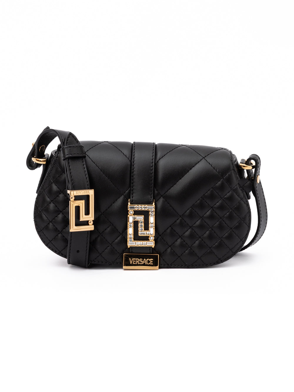 Versace Schultertasche aus gestepptem schwarzem Leder