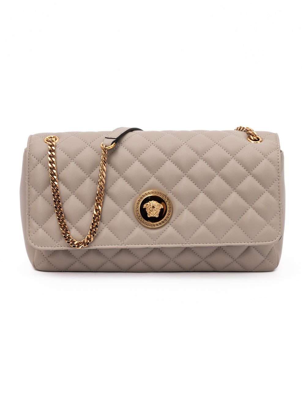 Versace Stepptasche aus taupefarbenem Leder mit Schulterriemen