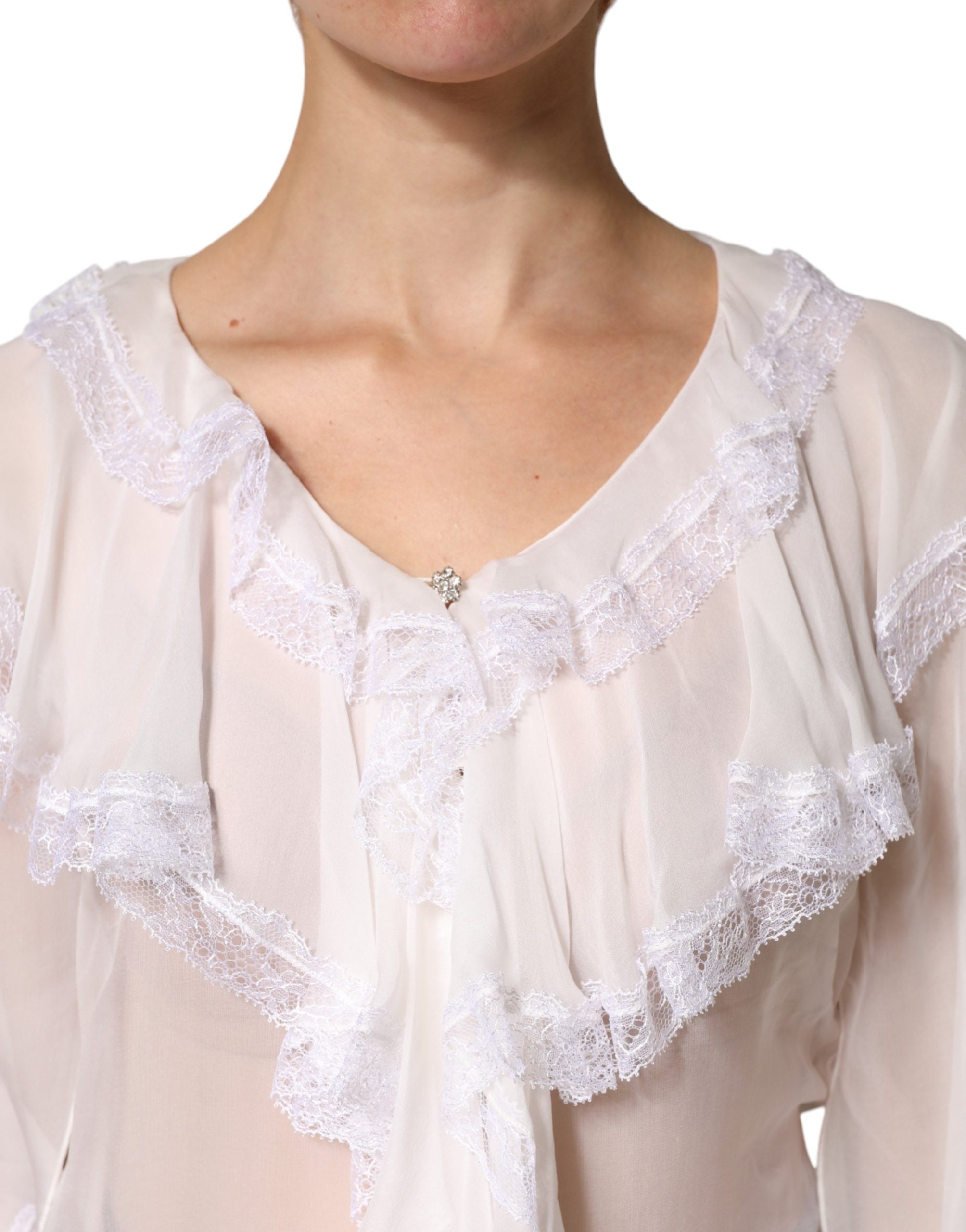 Dolce & Gabbana Weißes Langarm-Blusentop mit Spitze und Rüschen