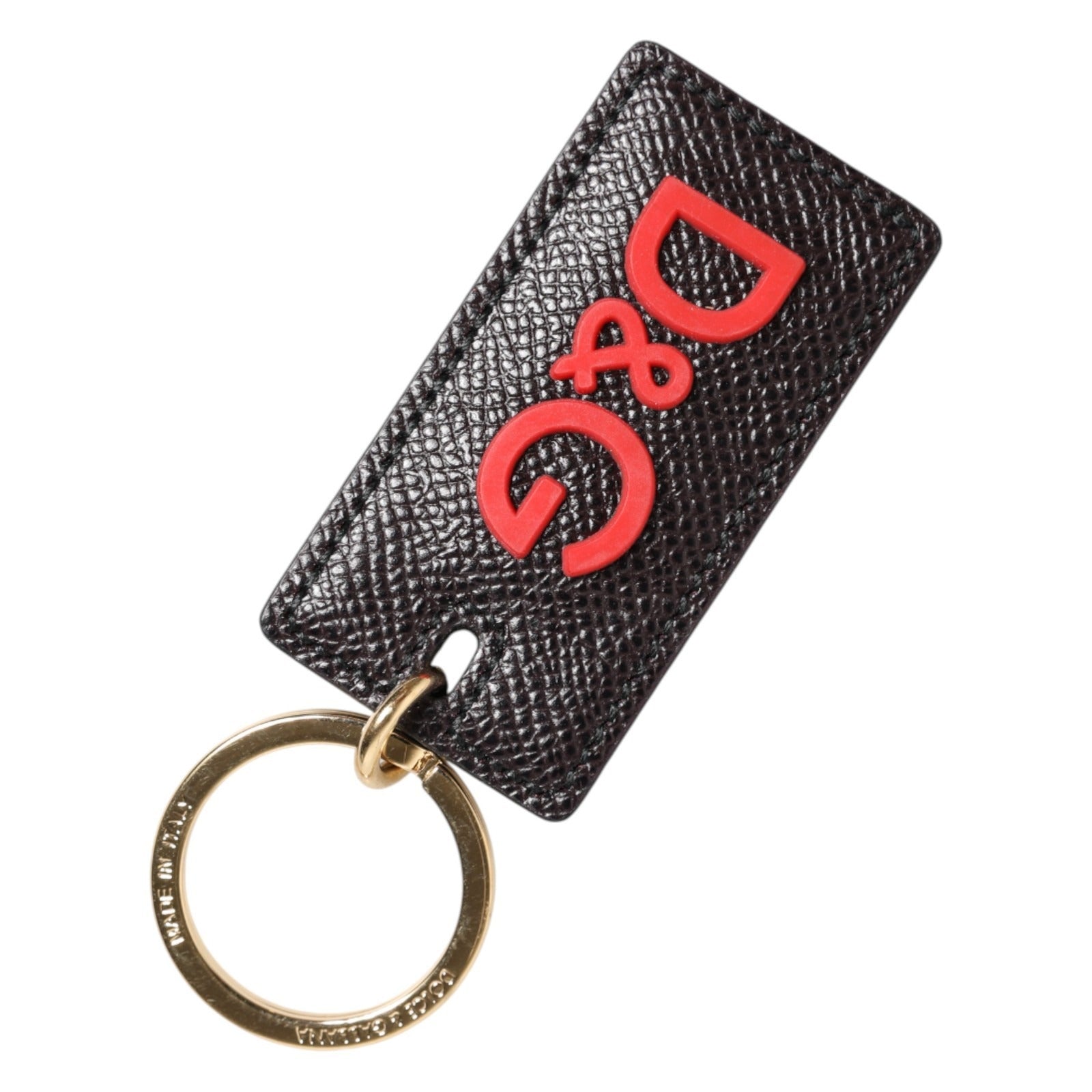 Dolce & Gabbana Zwart Kalfsleer Logo Metalen Ring Heren Sleutelhanger