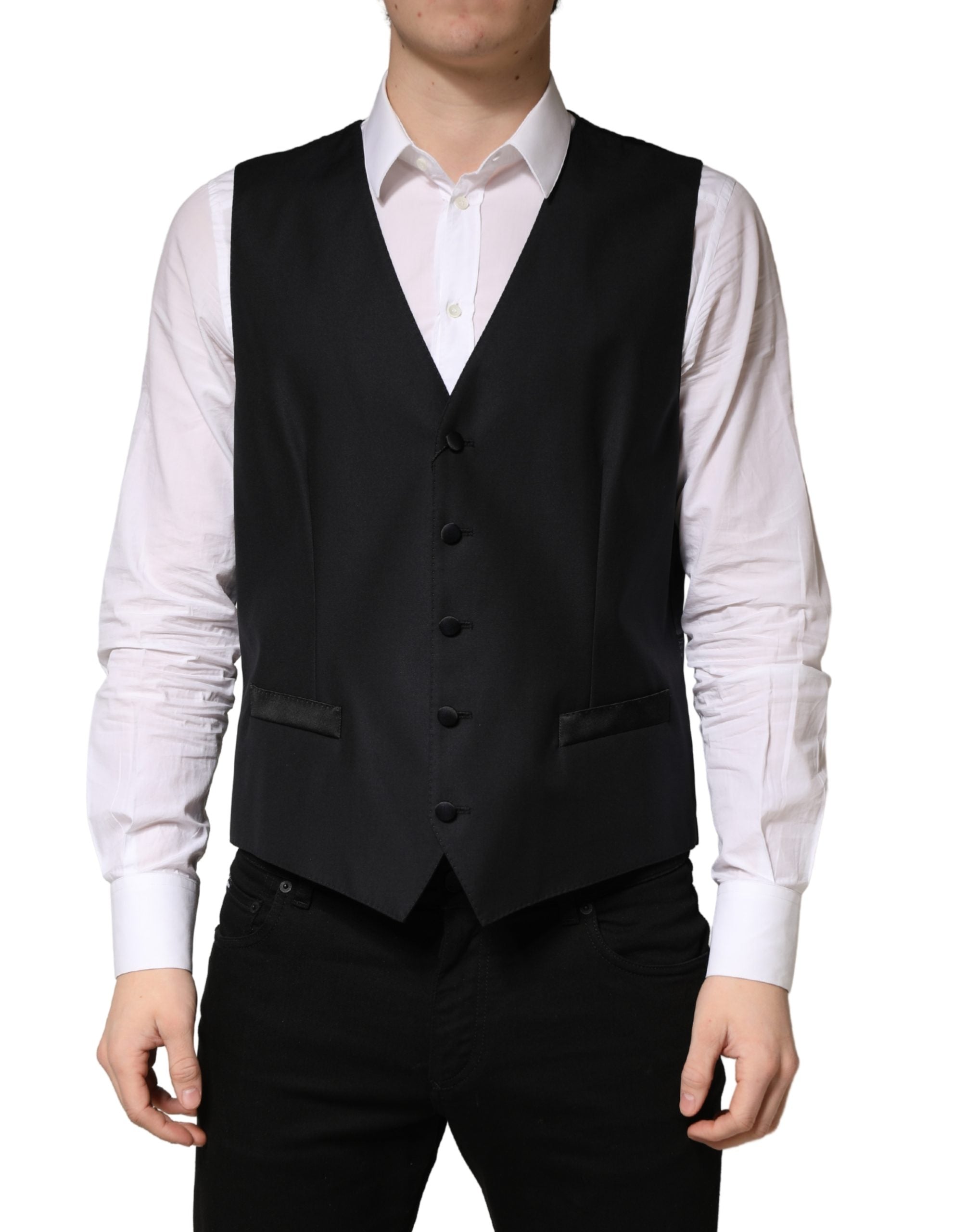 Dolce & Gabbana Schwarze Herrenweste aus Wolle mit einfacher Knopfleiste