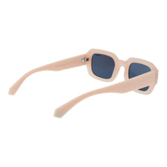 Beige sunglasses with blue lenses on a white background