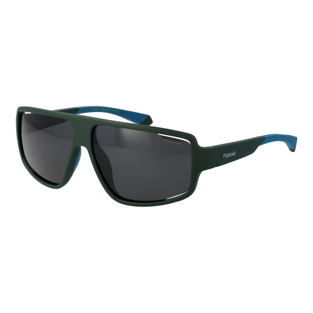 Sunglasses with green frame and dark lenses on a white background