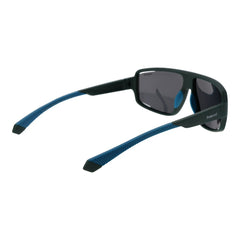 Sunglasses with black frames and blue arms on a white background