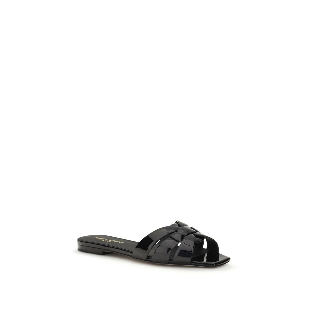 Saint Laurent Schwarze Kalbsleder Bos Taurus Flache Sandalen
