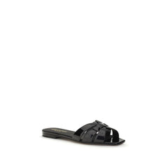 Saint Laurent Schwarze Kalbsleder Bos Taurus Flache Sandalen