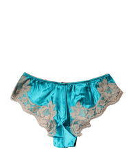 Dolce & Gabbana Blue Silk Satin Floral Lace Panty Brief Underwear