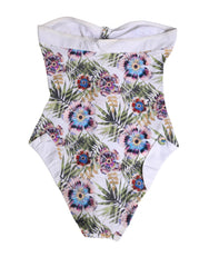 John Galliano White Floral Print Strapless One-Piece Swimsuit Swimwear