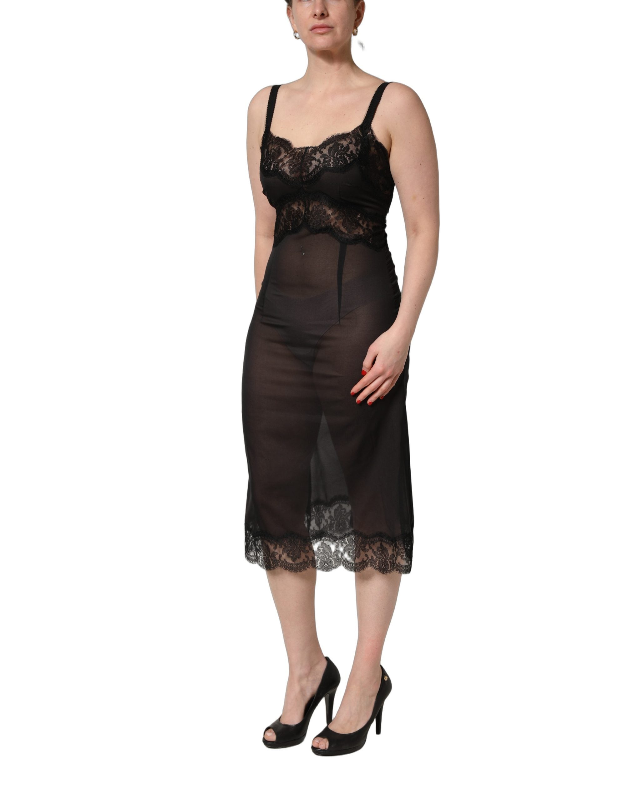 Dolce & Gabbana Zwart Zijden Kanten Slip Lingerie Nachthemd Nachtkleding