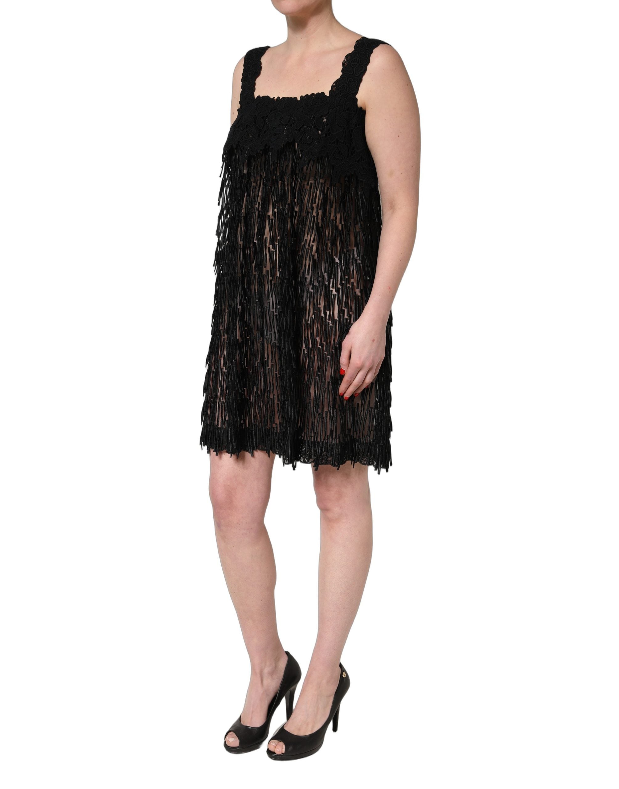 Dolce & Gabbana Zwarte Viscose Mouwloze Mini Jurk met Franjes