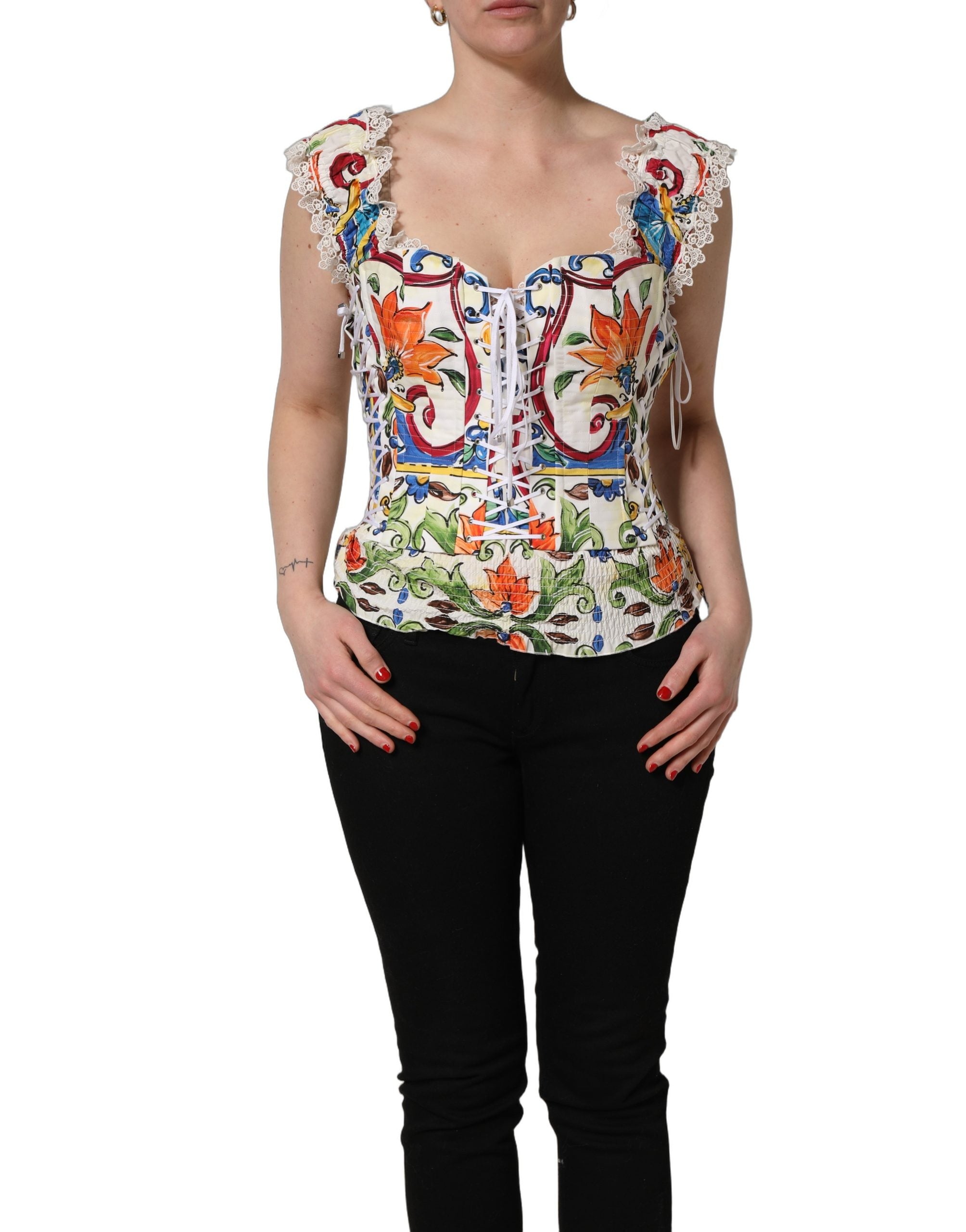 Dolce & Gabbana Multicolor Majolica Corset Sleeveless Top