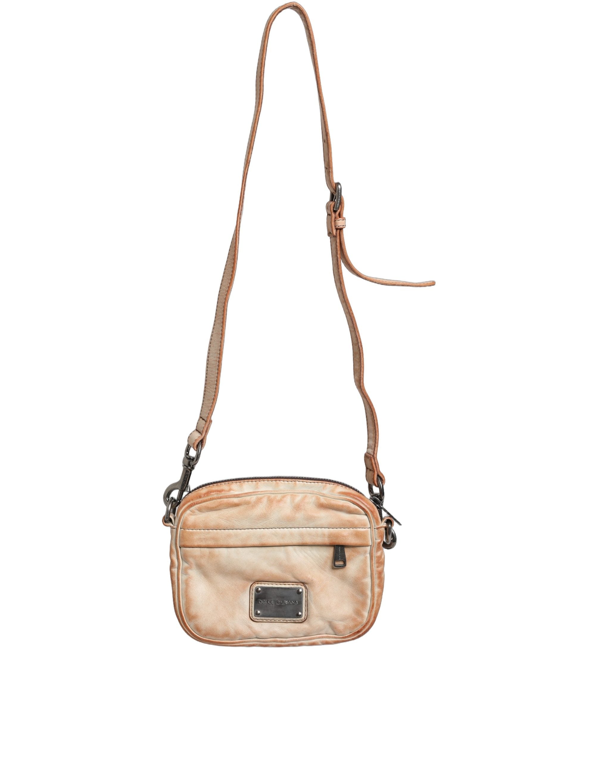 Dolce & Gabbana Beige Vintage Leren Logo Plaque Schoudertas Mannen Tas
