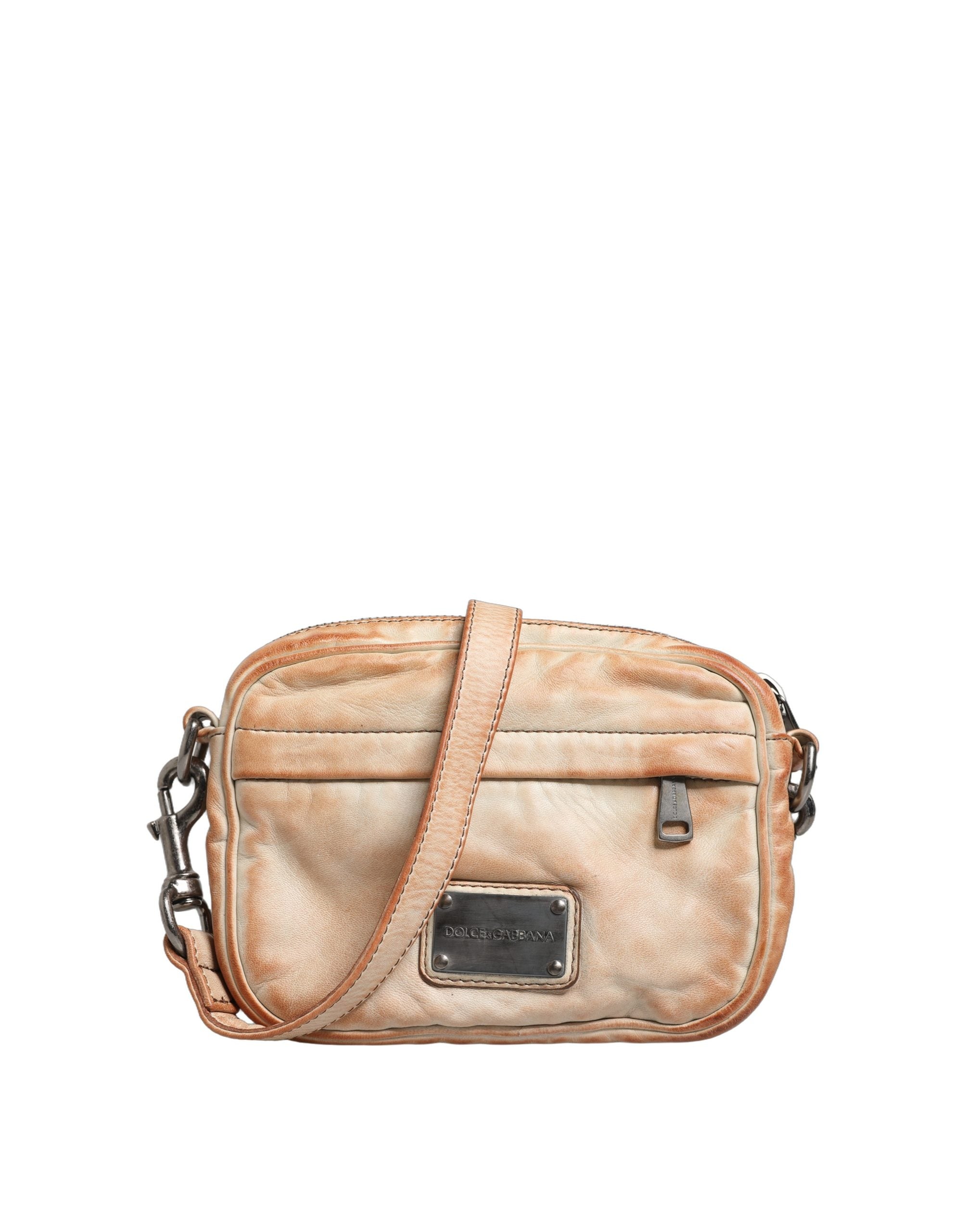Dolce & Gabbana Beige Vintage Leren Logo Plaque Schoudertas Mannen Tas